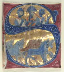 Inicial historiada S excisa de una Biblia: Soldados y caballos, 1200s