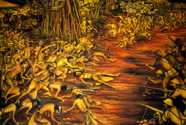 Historia; dominio colonial; pintura; batalla; lucha de los holandeses contra los balineses en 1908; museo en el palacio Taman Gili; Klungkung; Semarapura; Bali; Indonesia; Sudeste Asiático; Asia