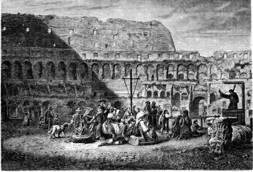 Historia de la Antigua Roma. El sermón de Cuaresma dentro del Coliseo. Grabado de 1800