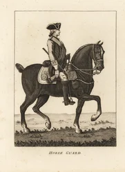 Guardia de Caballos, en uniforme militar con tricornio, mosquete