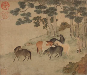 Caballos en paisaje con asistente