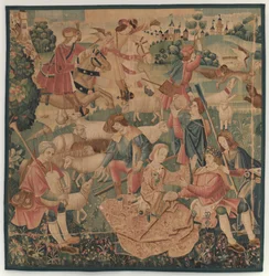 Escenas de caza y pastorales, con un héroe coronado entre damas, c. 1510