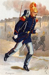 I: Bombero. Grabado en "Alfabeto Militar". Iniciales del ilustrador: A. D. Editor desconocido. Cromolitografías finales del siglo XIX. Dim: 10,5x7cm
