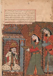 Ilar o Irakht a punto de lanzar el cuenco de arroz al rey, Folio de un Kalila wa Dimna, siglo XVIII