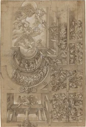 Techo ilusorio con una parra, figuras en galerías y un centro..., c. 1570-1580