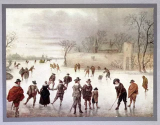 Ilustración de personas jugando al golf sobre agua congelada, siglo XVIII