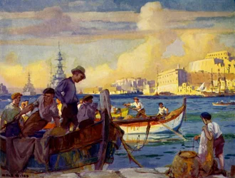 En el Gran Puerto de La Valeta, Malta, c1948