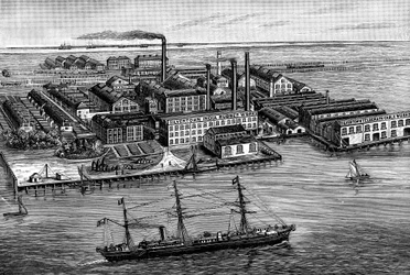 Fábrica de la Compañía de Caucho de la India, Gutta Percha y Obras de Telégrafo, Silvertown, Londres, 1887
