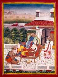Miniatura india mostrando a Krishna y una princesa en un sofá, siglo XVIII