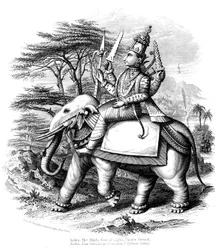 Indra, principal de los dioses védicos de la India montado en su elefante, c1880