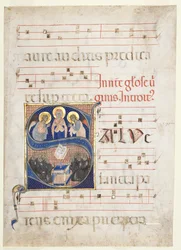 Inicial S[alve sancta parens] con la Virgen adorada por ángeles y monjes benedictinos cantando..., c.