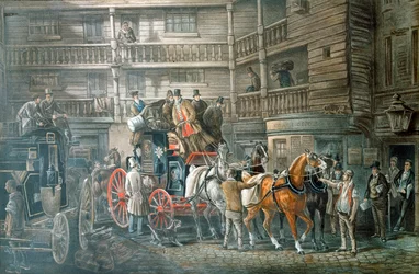 Patio de la posada con el coche de correos preparándose para salir, c1840