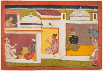 Dentro de un edificio, Madhava se sienta frente a un hombre con una balanza, de un Madhavanala..., c. 1700