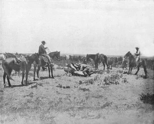 Inspeccionando una marca en las praderas, EE.UU., c. 1900