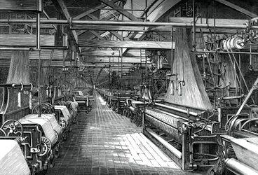 Interior del taller de tejido, fábrica de St Leonards, Dunfermline, c1880