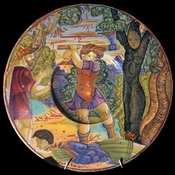 Plato de loza italiana, Erysichthon talando un árbol en el bosque de Ceres, siglo XVI