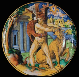 Plato de loza italiana con una imagen de Hércules y el toro de Creta, siglo XVI