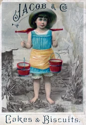 Jacob y Cos. Pasteles y galletas, c. 1900s-c. 1920s. Tarjeta postal publicitaria