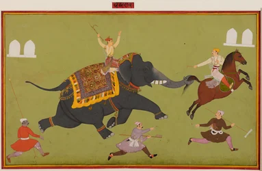 El elefante Pakhrao de Jai Singh se desboca y agarra a un caballo por la cola, hacia 1680.