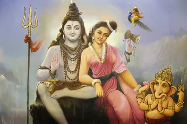 Templo hindú Jalaram Prathna, Leicester. Fresco que representa a Shiva, Parvati y Ganesh. Reino Unido