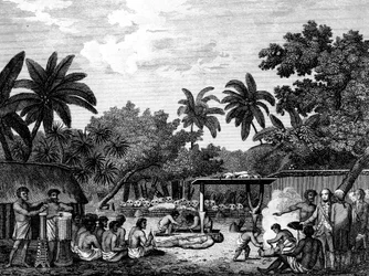 James Cook, navegante inglés, presenciando un sacrificio humano en Tahití Otaheite c1773