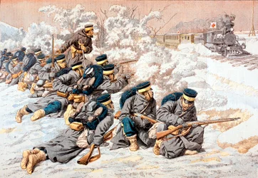 Japoneses disparando al tren de la Cruz Roja Rusa, Guerra Ruso-Japonesa, 1904