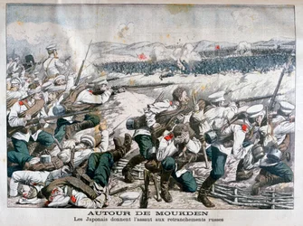 Tropas japonesas atacando trincheras rusas, Mukden, Manchuria, octubre 1904