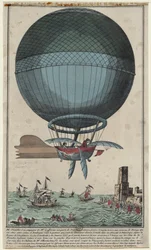 Jean Pierre Blanchard y John Jefferies llegando a Calais después de cruzar el Canal de la Mancha en un globo aerostático, 1785