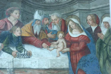 Fresco de Jesús en el templo en la puerta de la catedral de Santa María, Aosta, Italia