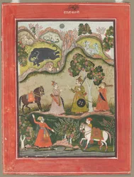 Kanhara Ragini: Canción de inspiración a Krishna para matar al demonio elefante..., c. 1760