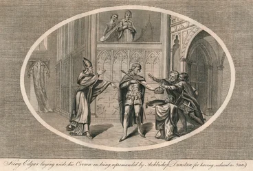 El rey Edgar dejando su corona al ser reprendido por el arzobispo Dunstan, c. 960s, 1793