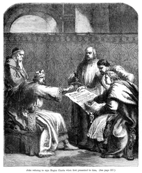 El rey Juan 1167-1216 se niega a firmar la Carta Magna cuando se le presenta por primera vez, 1215