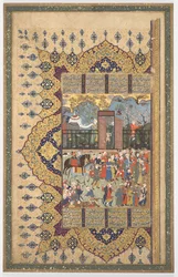 El rey Luhrasp asciende al trono: Una procesión llega a la corte, c. 1560s-80s