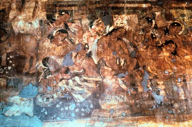 El rey Mahajanaka escuchando a la reina Vivali, fresco de la cueva de Ajanta, India, siglo I-V d.C.