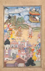 El rey Sal visita a Kala Yavana, Folio de una leyenda de Harivamsa de Hari Krishna