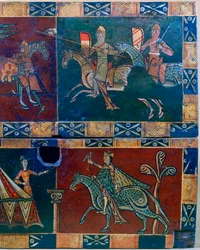 Caballeros a caballo y rey con un halcón, siglo XII