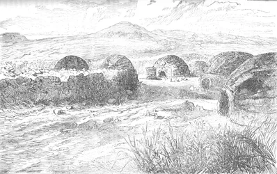 Kraal donde el príncipe Luis Napoleón y su grupo descansaron y fueron atacados, c1880