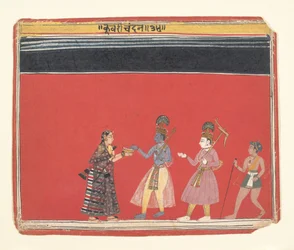 Krishna acepta una ofrenda de la mujer jorobada Trivakra, ca. 1650
