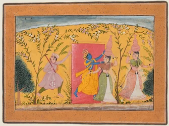 Krishna exige un peaje a las lecheras, de un Bhagavata Purana, c. 1600