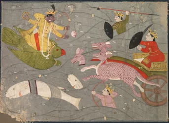 Krishna luchando contra los hijos de Vanasura: Escena de la sección Aniruddha Usha de Krishna Lila, c. 1840