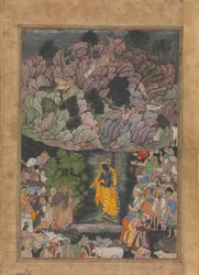 Krishna sostiene el monte Govardhan para proteger a los aldeanos de Braj, Folio de..., ca. 1590-95
