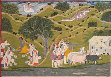 Krishna regresa con los pastores a Braj, de un Bhagavata Purana, c. 1830