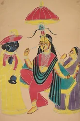 Krishna de pie junto a Radha que está sentada en una silla, 1800s