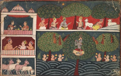 Krishna robando la ropa de las Gopis, Página del Bhagavata Purana, c. 1650