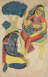 Krishna acariciando los pies de Radha, 1800s