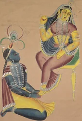Krishna acariciando los pies de Radha, 1800s