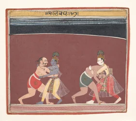 Krishna y Balarama luchan contra los luchadores del malvado rey Kamsa