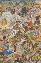 Krishna y Balarama luchando contra el enemigo, Folio de un Harivamsa La Leyenda de Hari, c1590-95