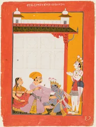 Krishna y Balarama tocando los pies de Vasudeva y Devaki, 1730-40