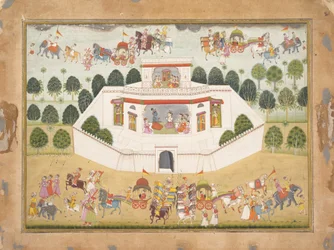 Krishna y Balarama dentro de un Palacio Amurallado: Página de un Bhagavata Purana Disperso..., ca. 1700